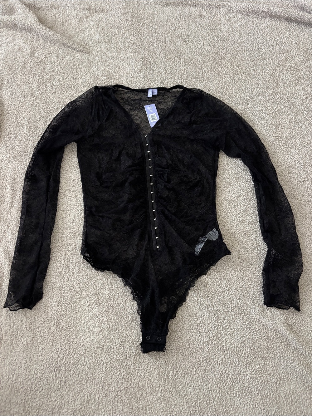 Sheer Black Lace Long-Sleeve Hook-Front Bodysuit